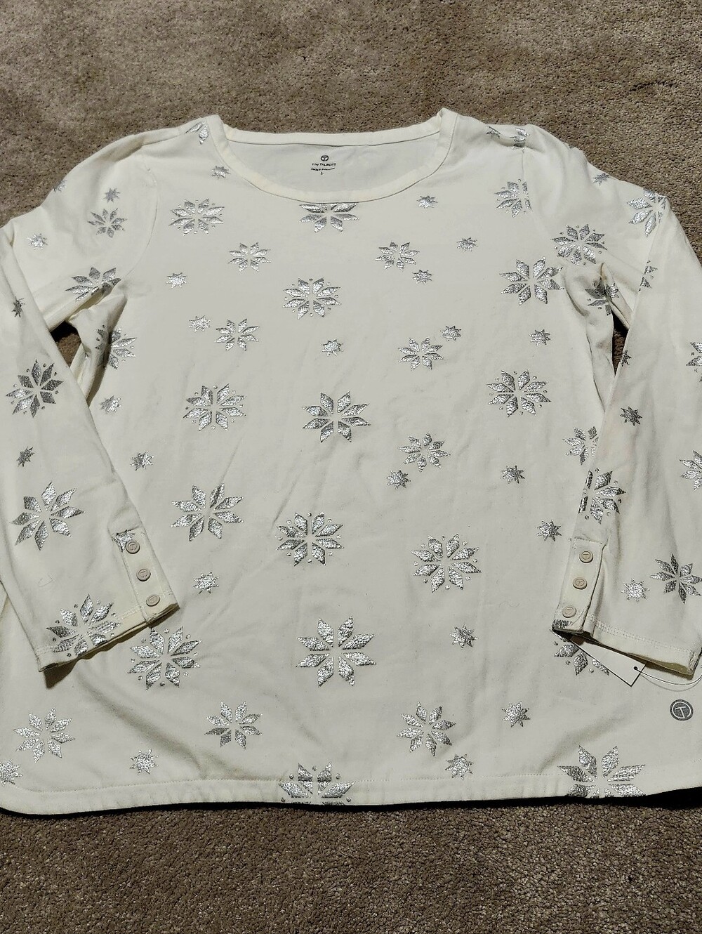 NWT T-by Talbots Crew Ivory Long-Sleeve Embellished Silver Snowflake Print Large